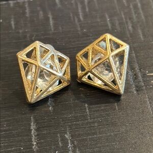 Gold Tone Geometric 3D Diamond Shaped Rhinestone Stud Earrings
